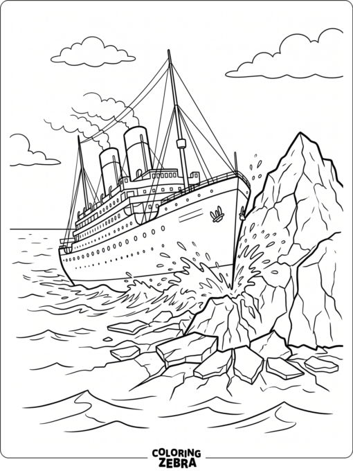 A ship hitting an iceberg with splashing water
