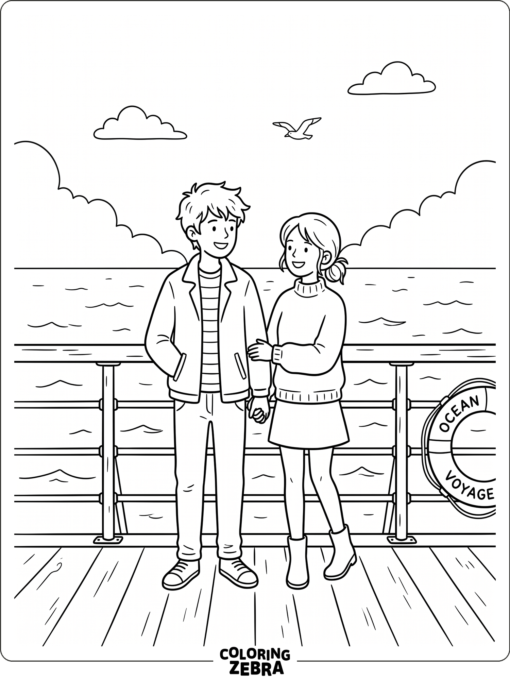 A young couple on the ship deck with railings