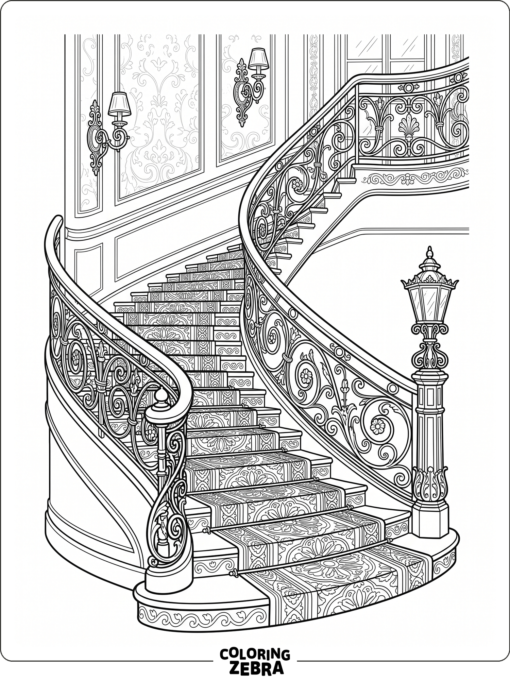A grand staircase with railings and lamps
