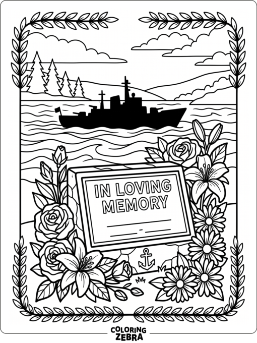A memorial tribute with flowers, plaque, and a ship silhouette