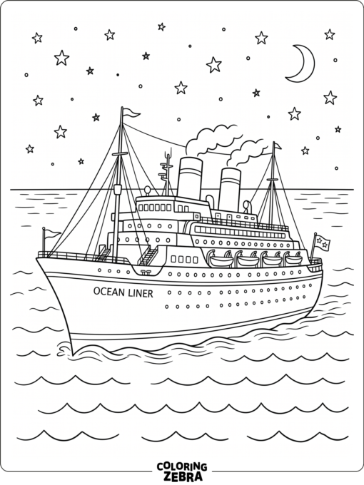 A grand ship moves across dark water under a starry sky