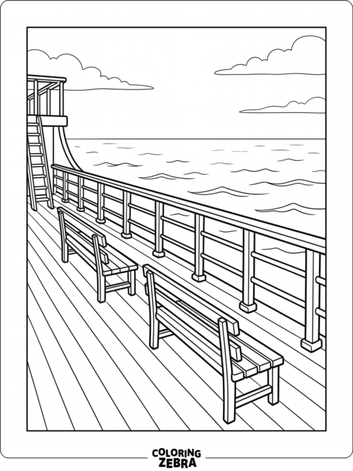A ship deck with railings and benches