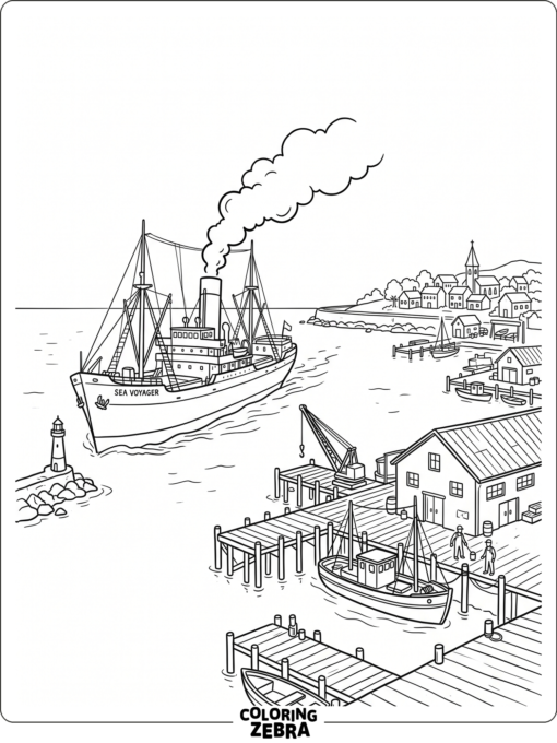 A ship leaving the harbor with smoke and docks