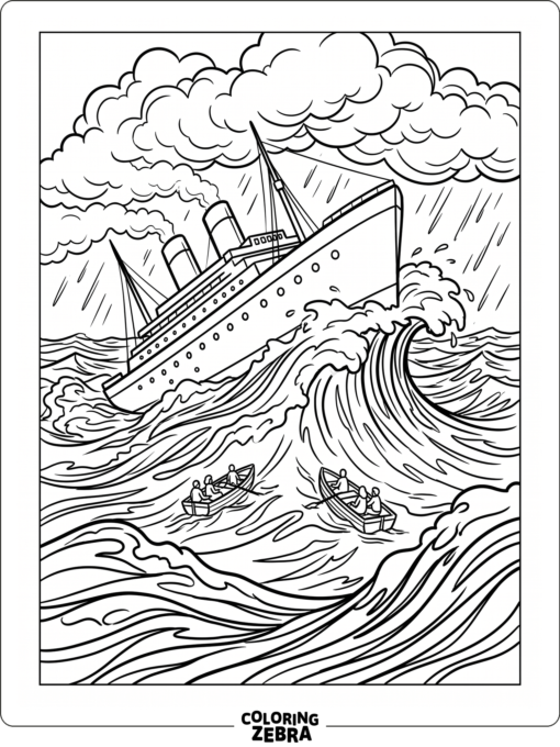 A ship leaning in rough water with lifeboats nearby