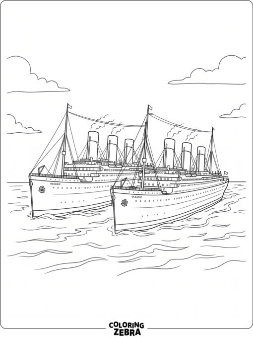 Two sister ships with similar decks and smokestacks on the sea