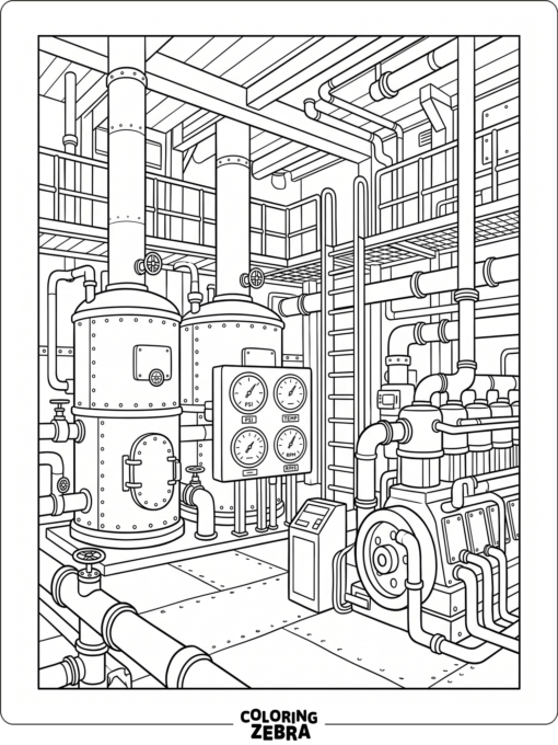 A ship engine room with boilers and pipes