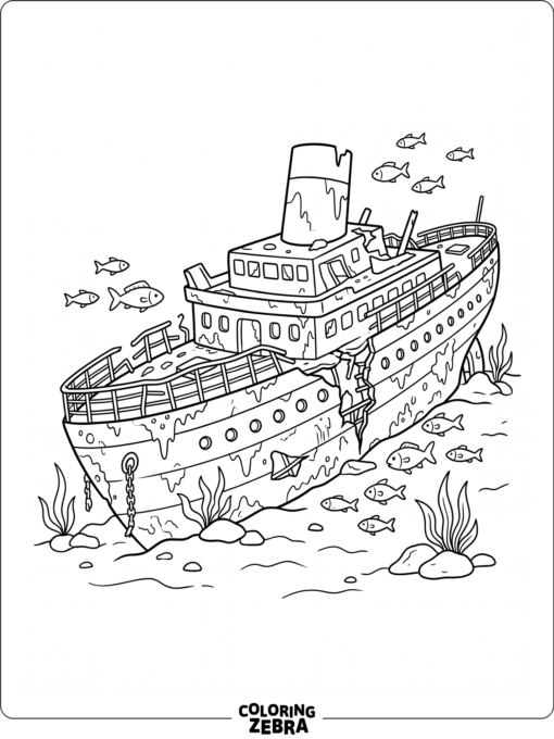 A sunken ship with fish swimming around it