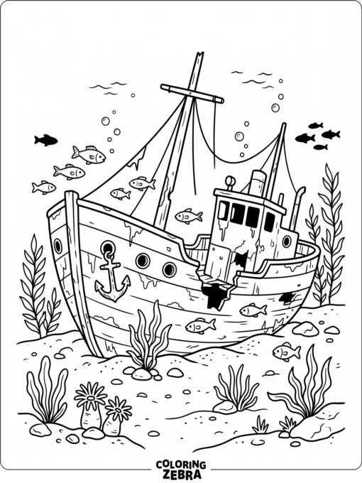 A shipwreck resting on the ocean floor
