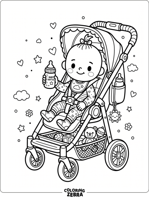 Toca Boca baby sitting in a stroller with a toy bottle