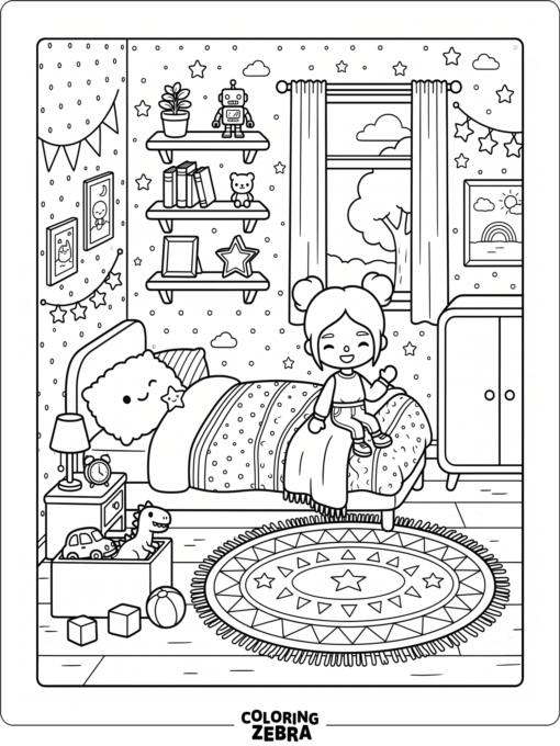 Toca Boca bedroom with bed, pillow, rug, and wall shelf