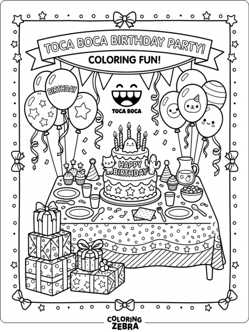 Toca Boca birthday party with cake and balloons