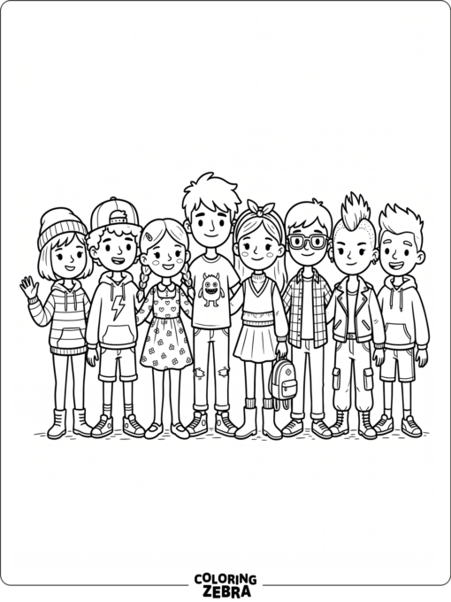 Toca Boca style kids standing together in varied outfits