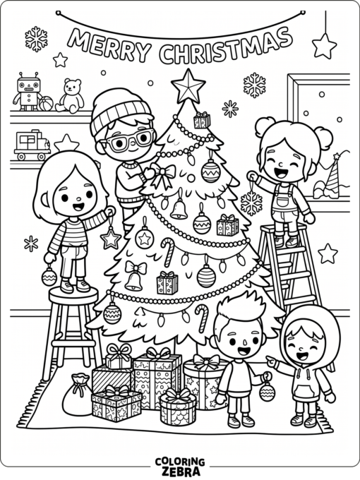 Toca Boca characters decorating a tree with gifts and ornaments