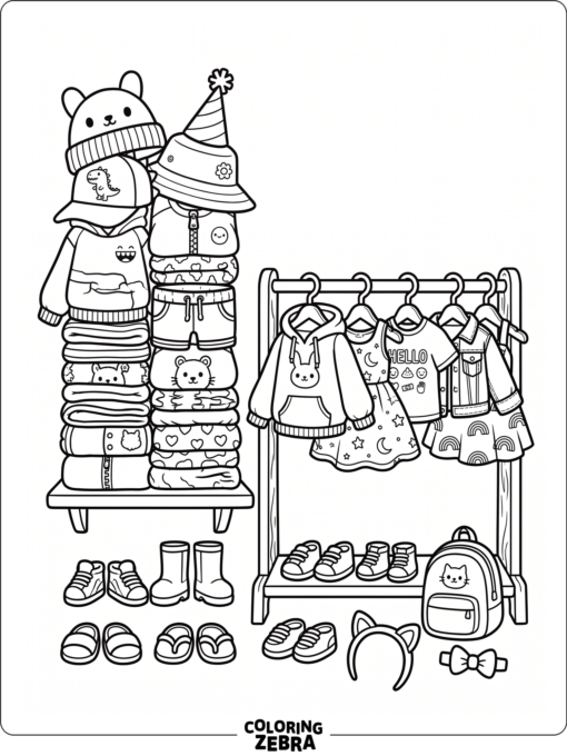 Toca Boca clothes arranged with shoes, hats, and outfits