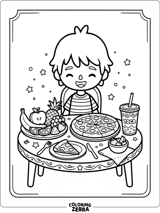 Toca Boca food spread with pizza, fruit, and a drink cup