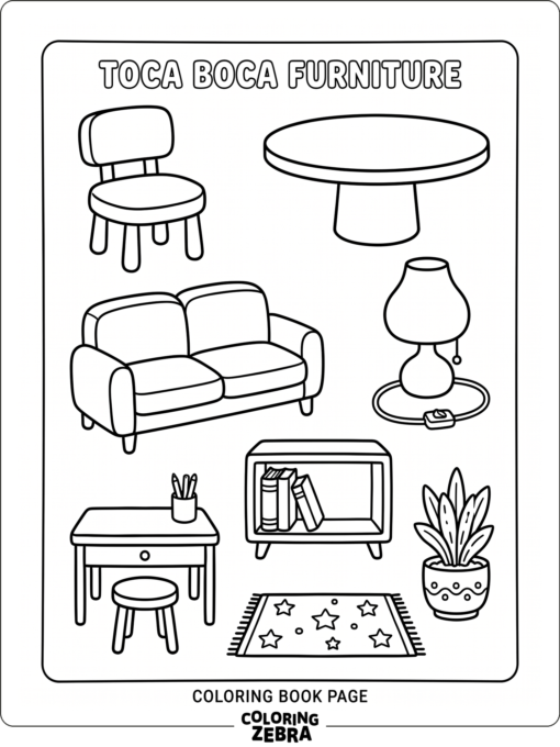 Toca Boca furniture pieces including chair, table, and lamp
