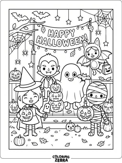 Toca Boca characters in costumes with pumpkins and bats