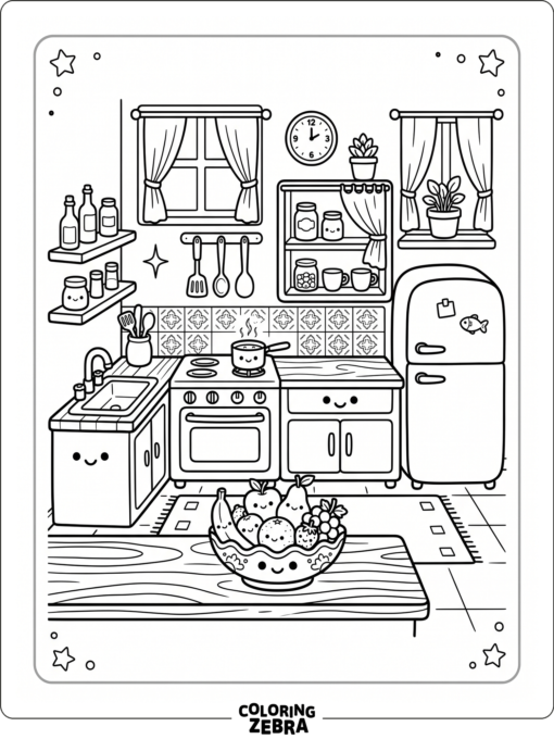 Toca Boca kitchen with stove, fridge, cabinets, and fruit bowl