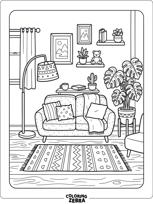 Toca Boca living room with couch, lamp, rug, and plant