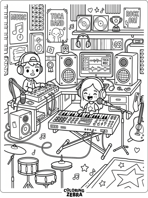 Toca Boca music studio with microphone and keyboard