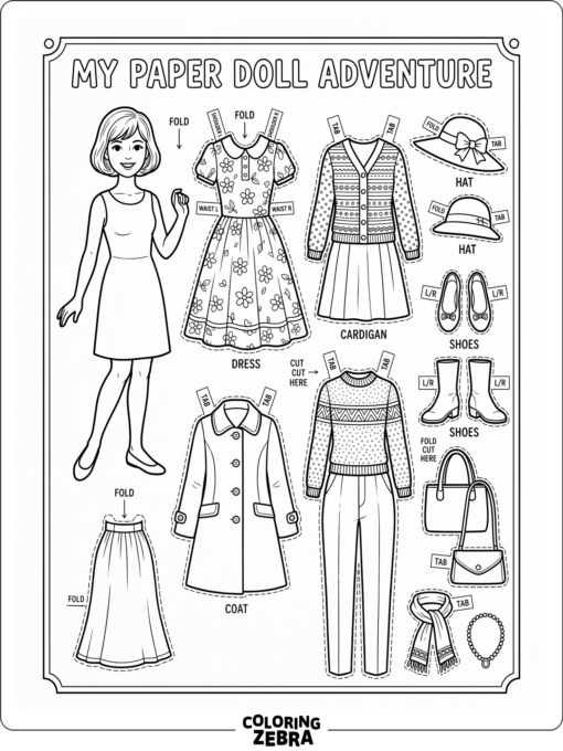 Paper doll figure with foldable clothes and accessories