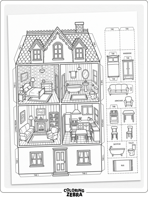 Paper doll house with rooms and small furniture pieces