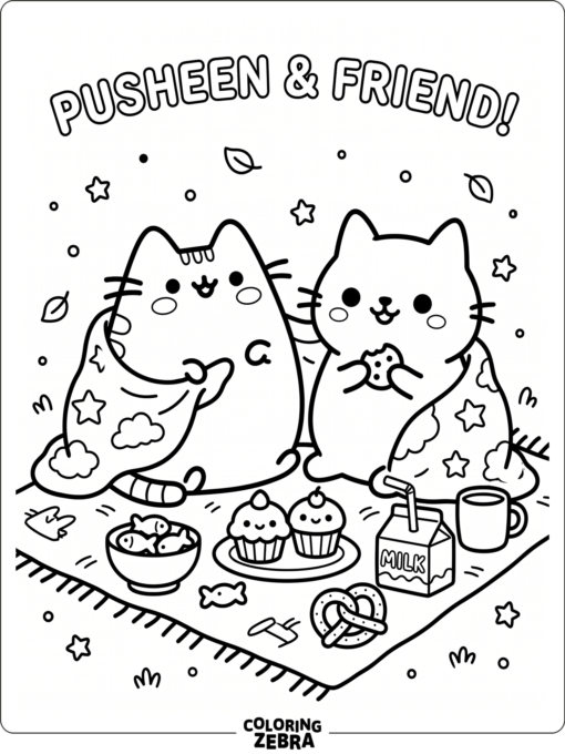 Pusheen and Toca Boca style cat with snacks and a blanket