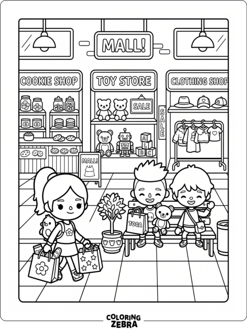 Toca Boca shopping mall with stores and shopping bags