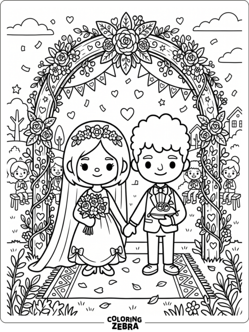 Toca Boca wedding couple under a flower arch