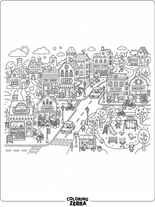 Toca Boca town scene with shops, trees, and playful buildings
