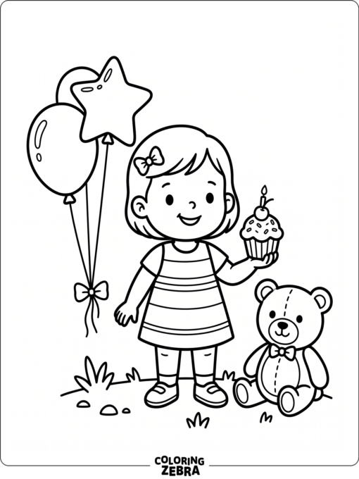 A toddler holding a cupcake beside balloons and a teddy bear