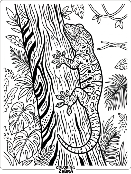 A tokay gecko climbs a tree trunk with bold stripes