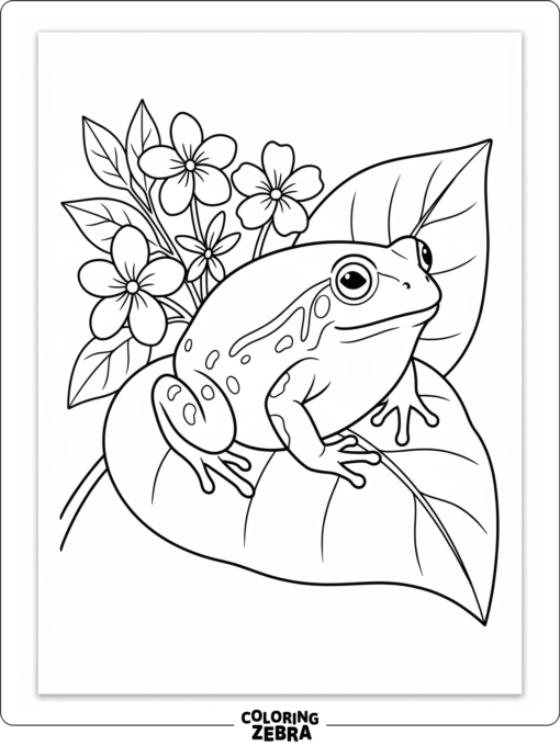 A tomato frog on a leaf with a few flowers