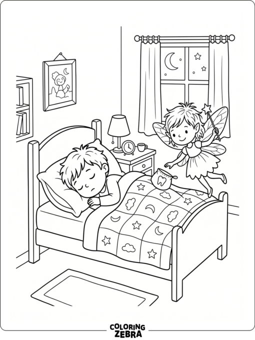 A sleeping child and a tooth fairy beside the bed