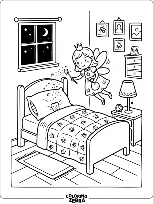 A tooth fairy visiting a bedroom with a pillow and lamp
