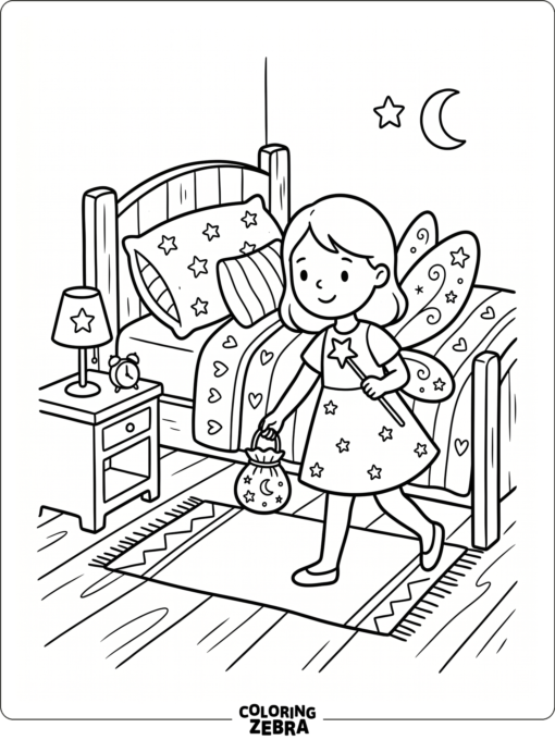 A tooth fairy carrying a tiny bag near a bed