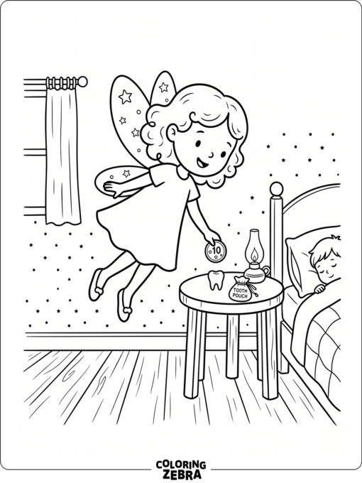 A fairy offering a coin beside a tooth on a table