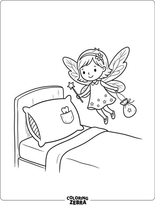 A tiny tooth fairy with wings and a pouch stands near a pillow