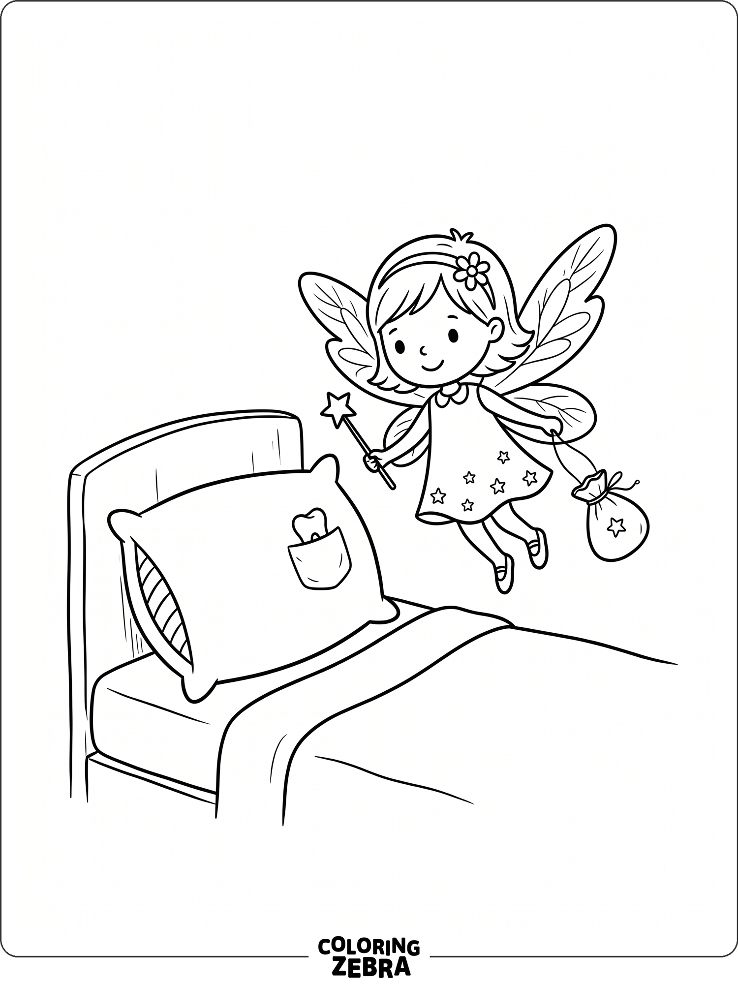 A tiny tooth fairy with wings and a pouch stands near a pillow