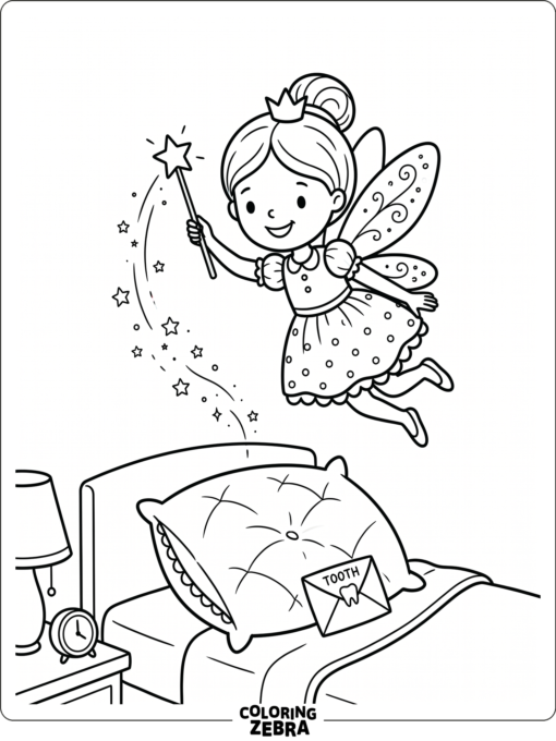 A friendly tooth fairy holding a wand near a pillow