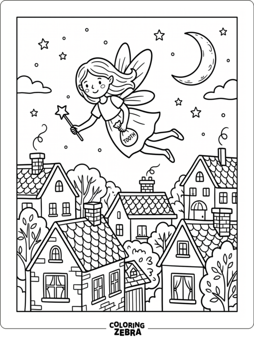 A tooth fairy flying at night over rooftops