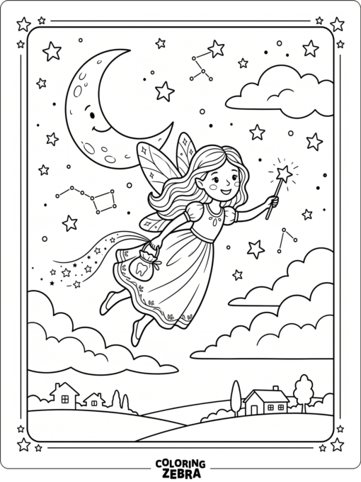 A tooth fairy flying through a starry night sky