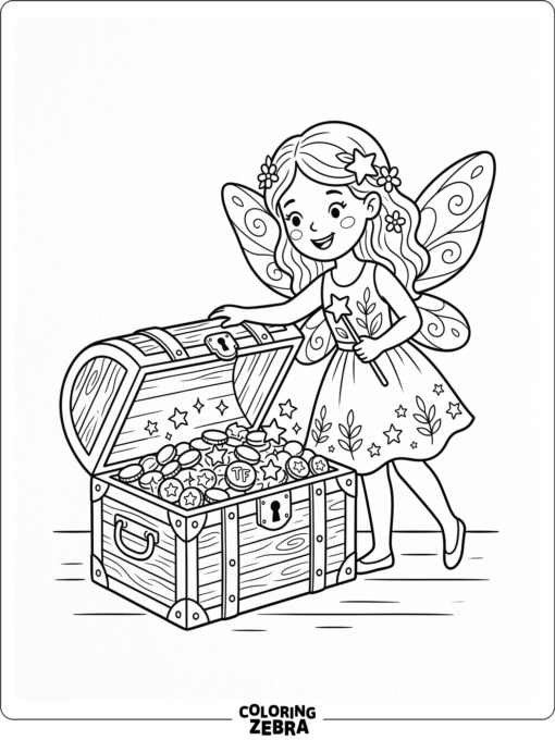 A tooth fairy opening a treasure box with coins and stars
