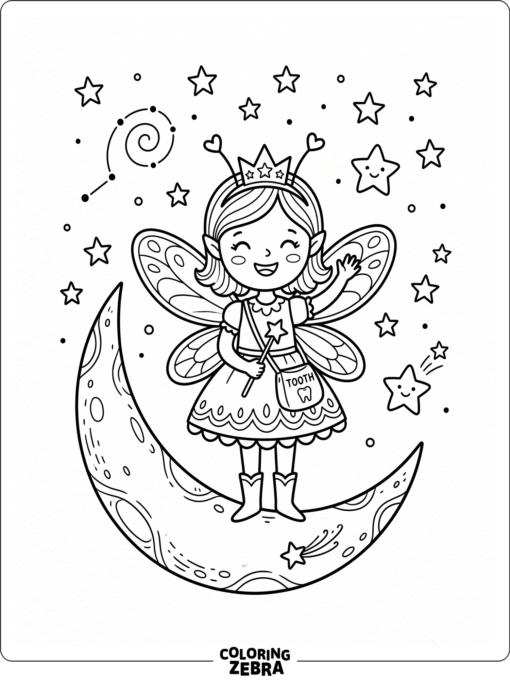A tooth fairy standing under the moon and stars