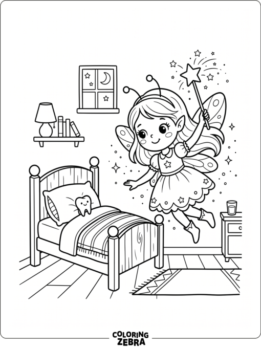 A tooth fairy holding a wand near a tiny tooth