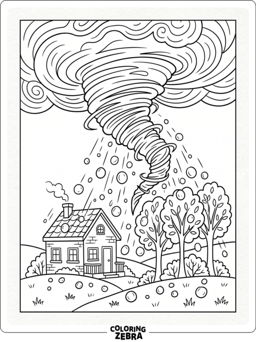 A tornado with hail over a house and trees