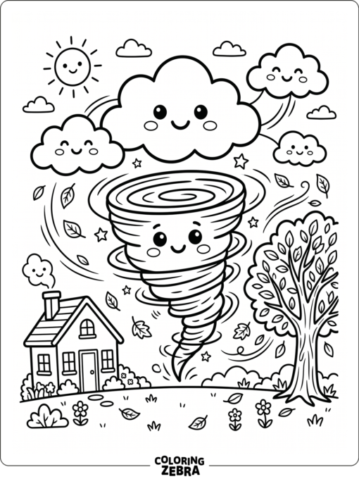 A cute tornado with clouds, a house, and leaves