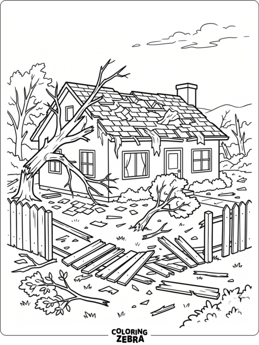 Damaged trees and a broken fence after a tornado