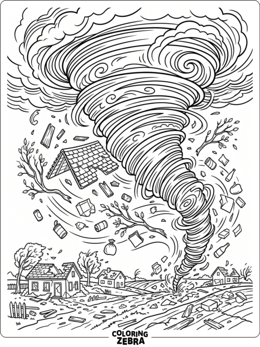 A tornado scattering branches and roof pieces