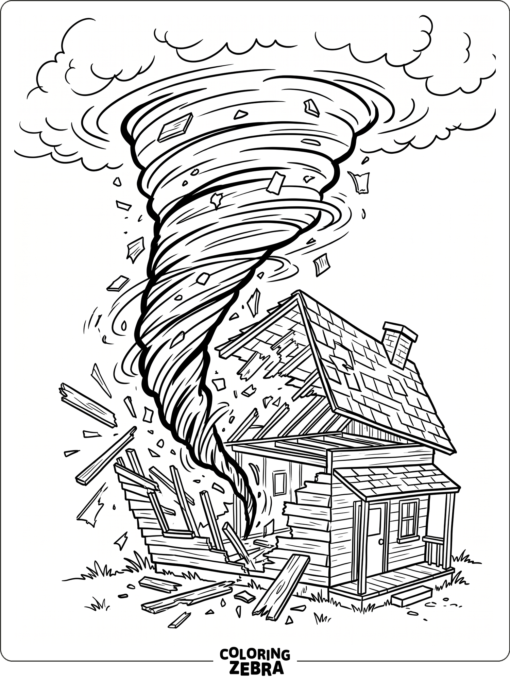 A tornado tearing apart a house roof